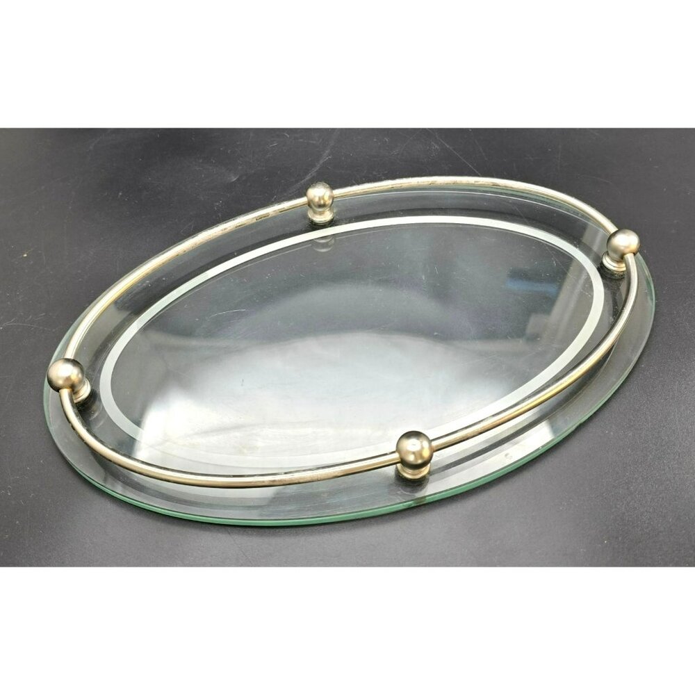 Oval Glass Tray Silver-Toned Metal Frame & Ball Trim Mid Century Modern VL4041